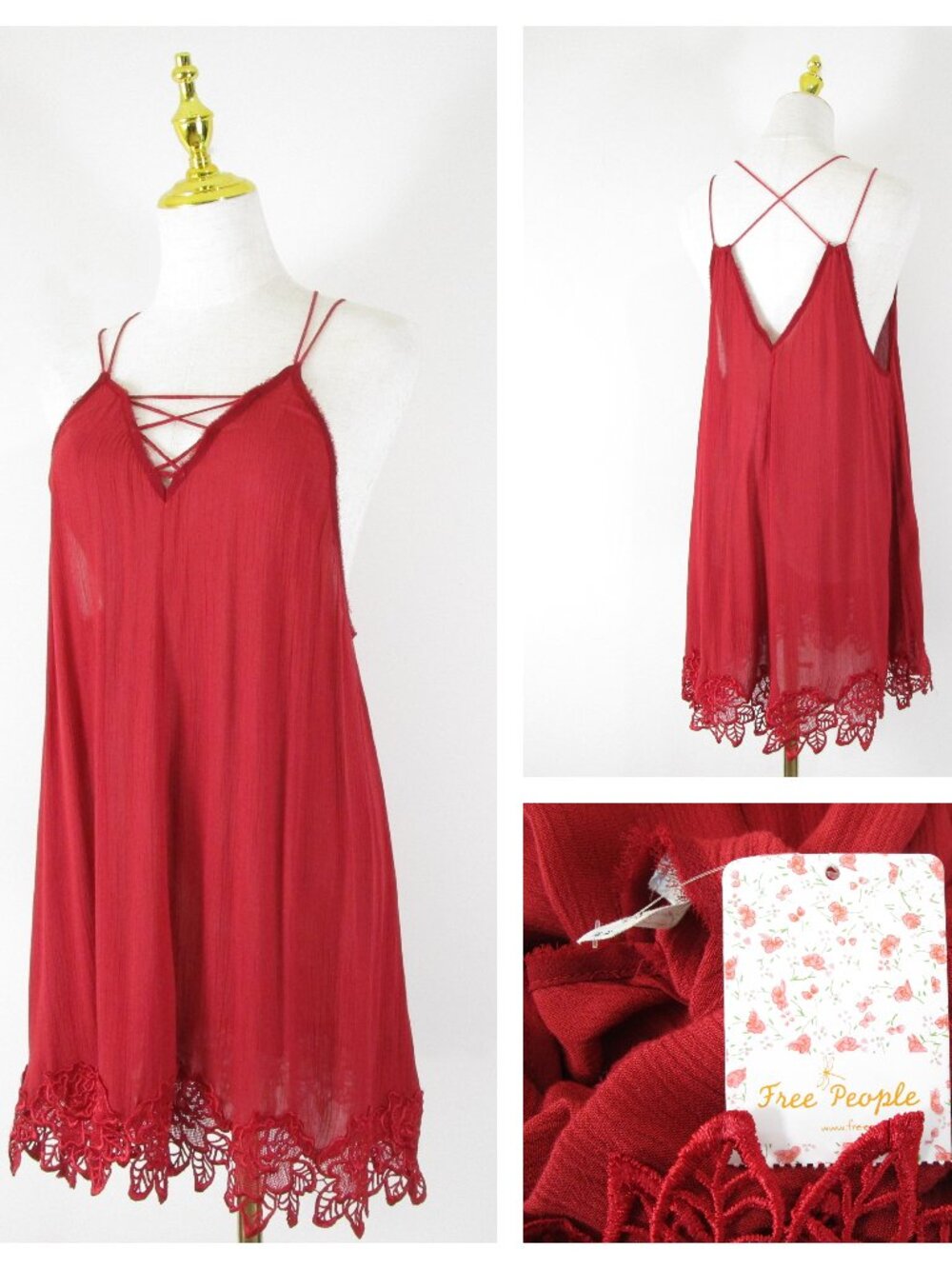 Free People Brick Red Rose Floral Embroidered Strappy Mini Dress Size M NWT